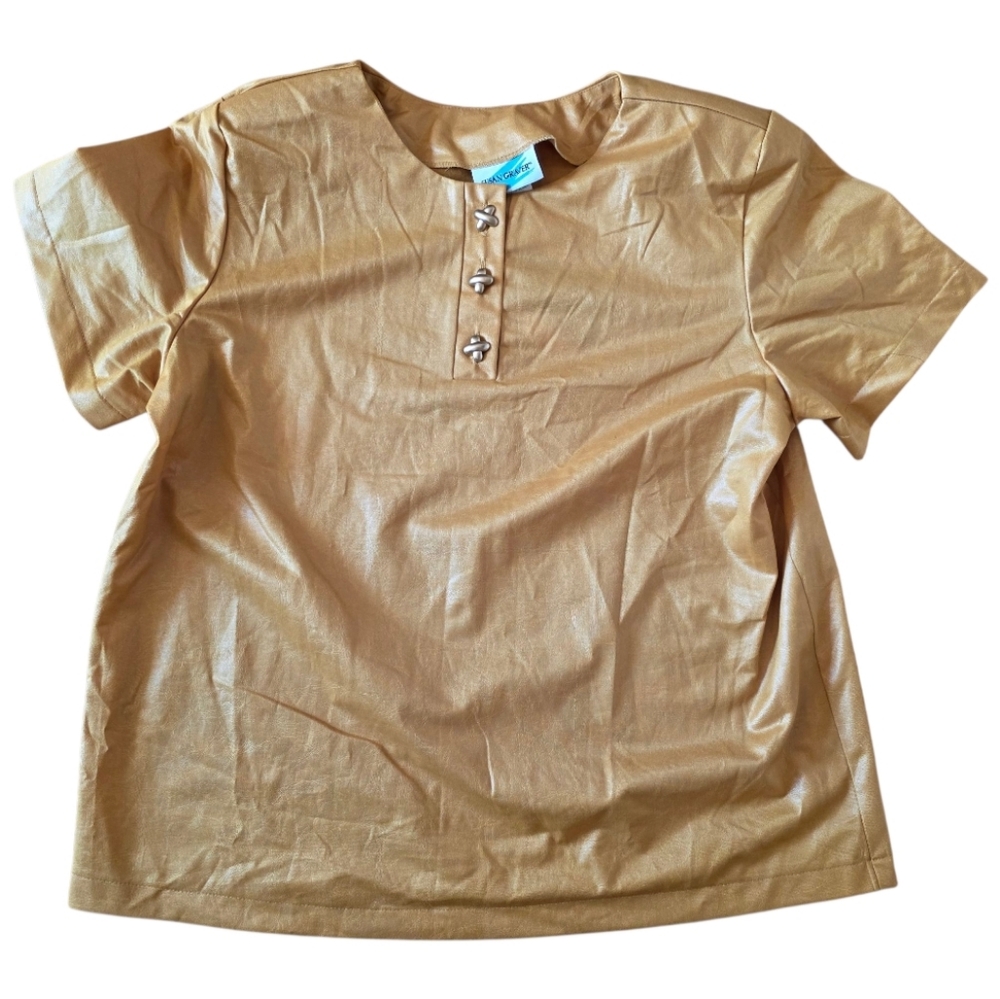 Susan Graver NWT & Vintage Mustard Liquid Leather Blouse Gold Tone Buttons Sz 1X